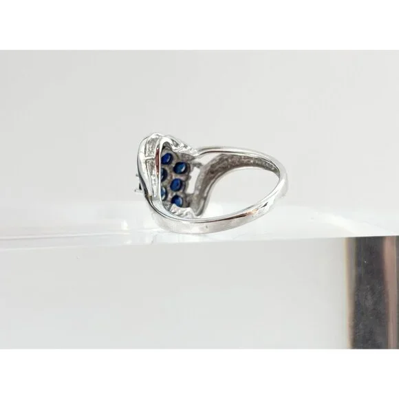 10k White Gold Blue Sapphire & White Diamond Vintage Gemstone Cocktail Ring sz 7 - Picture 5 of 10